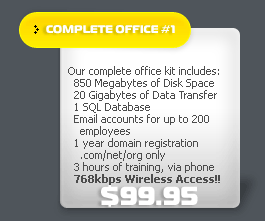 Our complete office kit includes: 850 megabytes of disk space, 20 gigabytes of data transfer, 1 SQL database, email accounts for up to 200 employees, 1 year domain registration (.com, .net, .org only), 3 hours of training via phone, 768 kilobits per second wireless access for $39.95