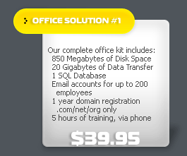 Our complete office kit includes: 850 megabytes of disk space, 20 gigabytes of data transfer, 1 SQL database, email accounts for up to 200 employees, 1 year domain registration (.com, .net, .org only), 5 hours of training via phone for $39.95